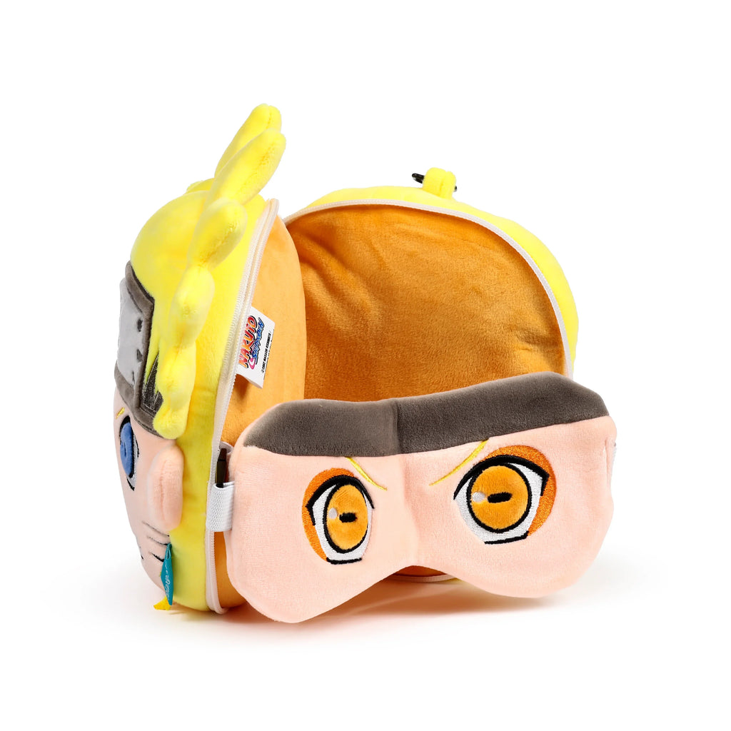 Open, angled view of a plush Naruto travel pillow and eye mask set. Yellow character pillow with orange lining and embroidered eye mask.