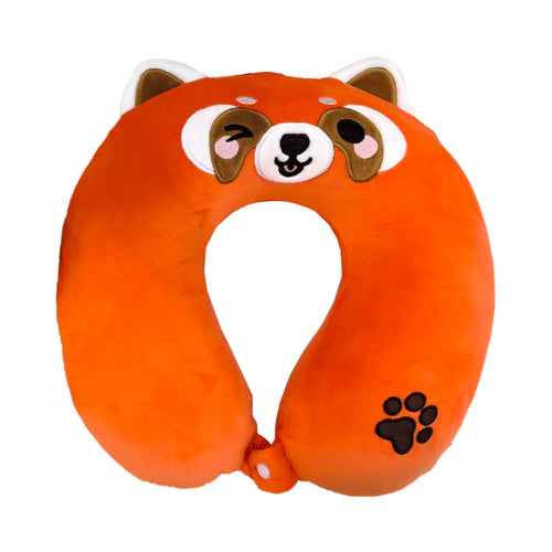 Front view of an orange plush memory foam travel pillow shaped like a red panda, featuring a winking face with embroidered brown and white ears, pink cheeks, and a black paw print on the right side. The pillow has a white button fastener at the bottom.
