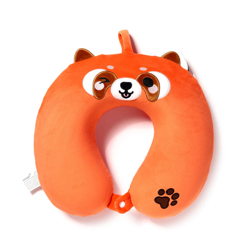 Front view of an orange plush memory foam travel pillow shaped like a red panda, featuring a winking face, ears, and a dark brown paw print.