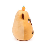 Side profile of Duke the Capybara plush toy, a two-toned brown design with embroidered eyes, nose, pink blush, and an orange fruit on its head.