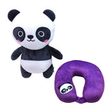 A black and white panda plush toy standing upright, displayed alongside a purple U-shaped travel pillow featuring a sleeping panda face design and a button closure.