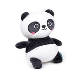 Angled view of a white and black Susu the panda plush toy with pink cheeks, sitting.