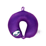 Plush purple U-shaped travel pillow and toy featuring an embroidered cartoon panda face, a fabric hanging loop, a purple popper fastening, and a white care label on the side.