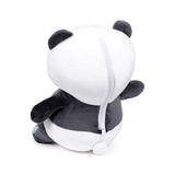 Back view of Susu the Panda 2-in-1 plush toy and travel pillow, featuring a black and white body with a partially unzipped white zipper running down its back.