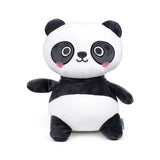 Front view of an adorable black and white panda plush toy with embroidered eyes, nose, mouth, and pink rosy cheeks.