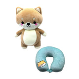 Angled view of a 2-in-1 Shiba Inu plush toy and travel pillow set. The standing brown and cream plush toy features embroidered facial details including pink cheeks. Beside it, the light blue U-shaped neck pillow displays an embroidered sleeping Shiba Inu face patch.