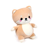 Front-angled view of a light brown and cream Shiba Inu plush toy travel pillow, featuring embroidered black eyes, nose, mouth, and pink cheeks.