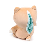 Angled rear view of a beige Shiba Inu 2-in-1 plush toy and travel pillow, with its back partially unzipped to reveal the turquoise travel pillow fabric.