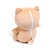 Angled back view of a light brown Shiba Inu plush toy, with a white zip running down its back.