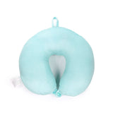 Overhead view of a soft aqua plush U-shaped travel neck pillow with a snap fastener and hanging loop.