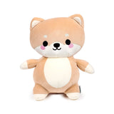 Front view of a light brown and cream Shiba Inu plush toy, featuring embroidered black eyes, nose, mouth, and pink cheeks.