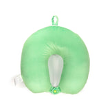 Overhead view of a light green U-shaped travel pillow, featuring a lighter, teardrop-shaped central section. It has a matching green button and loop closure at the bottom, a fabric hanging loop at the top, and a white fabric label visible on the left side.