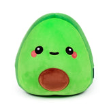 Front view of a bright green plush avocado toy with a soft texture, featuring an embroidered brown pit, black eyes, a small smiling mouth, and pink blush details on its cheeks.