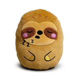 Front view of a light brown sloth plush toy with embroidered sleeping face, pink cheeks, and Zzz symbols.