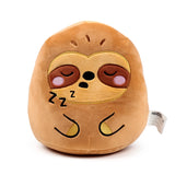 Front view of a brown and tan sloth plush toy, featuring embroidered closed eyes, pink cheeks, and 'ZzZ' sleeping symbols.