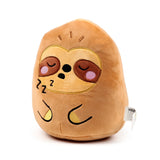 Front view of a soft, brown plush sloth toy. It features embroidered closed eyes, 'ZzZ' symbols, a small nose, a mouth, and pink blush on its cheeks. The face has lighter brown details outlined in gold, with small embroidered paws at the base.