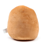 Back view of a rounded, light brown Squidglys plush toy, showing its soft texture and a visible care label.