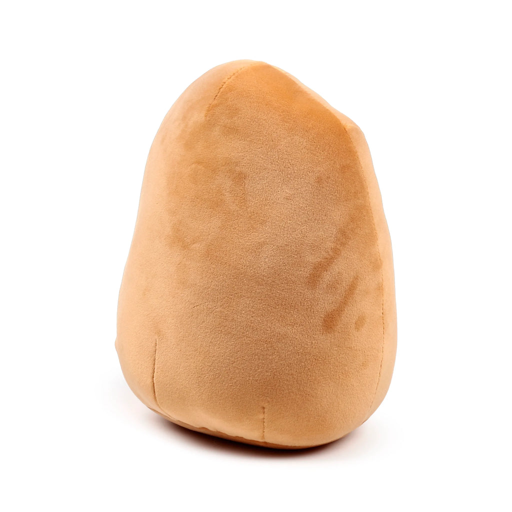 Light brown velvety plush toy, angled rear view, showing its plain, rounded form.