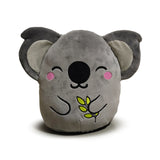 Front view of a grey koala plush toy with large ears, a smiling embroidered face, pink cheeks, and holding green eucalyptus leaves.