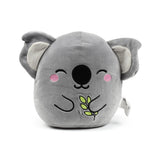 Front view of a soft grey koala plush toy with an embroidered smiling face, pink cheeks, and holding a green leafy sprig.