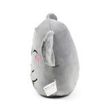 Angled view of a soft grey koala plush toy, featuring a smiling embroidered face with closed eyes and a pink nose. A care label is visible on its side.