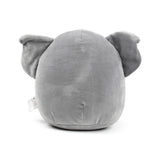 Back view of a grey Squidglys Adoramals koala plush toy, featuring large rounded ears and a visible care label.