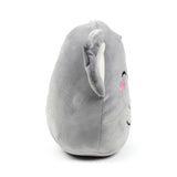 Angled view of a soft, grey koala plush toy, showing one ear with a white inner section, a black embroidered eye, and a pink embroidered cheek.