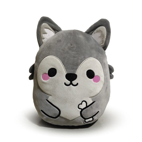 Front view of a grey Squidglys Dorian the Wolf plush toy with a light grey face, black embroidered eyes, nose, and mouth, pink cheeks, and holding a small white heart shape.