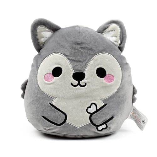 Front view of a round, grey wolf plush toy with black eyes, pink cheeks, a black nose, and embroidered paws holding a white bone. The soft toy has pointed ears and a white product tag on the right, set against a white background.