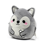 Angled front view of a round, soft grey and white wolf plush toy, featuring black eyes, pink cheeks, and holding a small white heart.