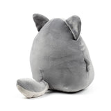 Back view of a round, grey plush animal toy with pointed ears and a short tail.