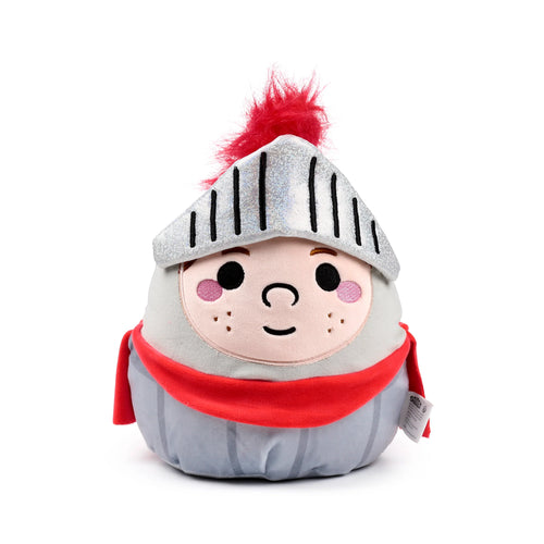 Front view of a knight plush toy featuring a silver glitter helmet topped with a red fluffy plume. It has an embroidered face with a smile and pink blush, wears a red scarf, and its main body is light grey with vertical stripes.