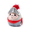 Front view of a Squidglys plush toy knight from the Knights & Dragons collection, depicting a character with a glittery silver helmet, a fluffy red plume, and a friendly embroidered face. The soft toy also features a red neck scarf and a grey body with subtle stripe detailing.