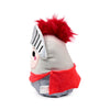 Angled view of a Squidglys knight plush toy with a glittery grey helmet, red fluffy hair, and a red cape, revealing its embroidered face from the side.