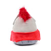 Rear view of a grey knight plush toy, with a spiky red furry crest, silvery helmet trim, and a red mid-section band.
