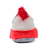 Rear view of a grey knight plush toy, with a spiky red furry crest, silvery helmet trim, and a red mid-section band.