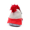 Angled view of a light grey knight plush toy, featuring a prominent red fluffy crest, a red sash, and a glittery silver helmet detail.