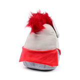 Angled view of a light grey knight plush toy, featuring a prominent red fluffy crest, a red sash, and a glittery silver helmet detail.