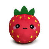 Front view of a red strawberry plush toy with yellow seed spots, green leaves, and an embroidered happy face with black eyes and pink blush.