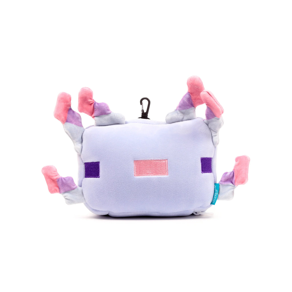 Overhead view of a soft, lilac Minecraft Axolotl travel pillow and eye mask set, featuring pixelated purple and pink details, pink and purple gill-like appendages, and a black carabiner clip.