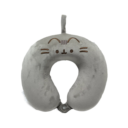 Front view of a grey plush U-shaped memory foam travel pillow, featuring Pusheen the Cat's embroidered facial details, a top hanging loop, and a bottom securing clasp.