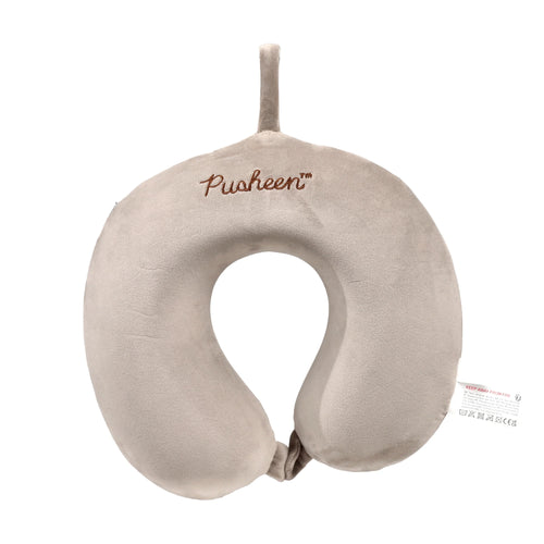 Rear view of a grey plush U-shaped memory foam travel pillow, with 'Pusheen' embroidered in brown on the back, featuring a hanging loop and a fabric tie closure.