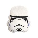 Front view of a white plush cushion shaped like a Stormtrooper helmet, with black and blue embroidered details.