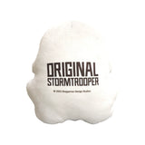 Back view of a white plush Original Stormtrooper shaped cushion with black text.