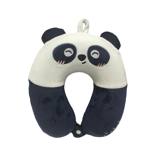 Front view of a white and navy panda-shaped kids' memory foam travel pillow, featuring an embroidered panda face with black eye patches and pink blush, a top hanging loop, and a bottom popper button.