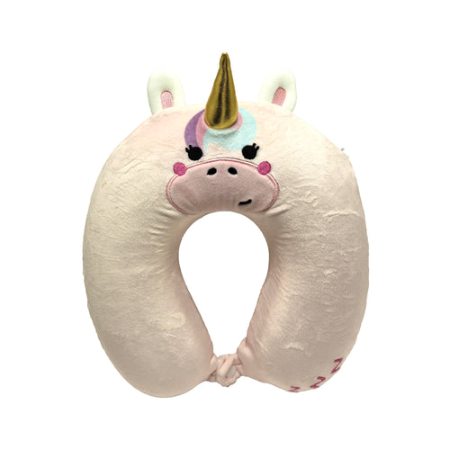 Front view of a plush, pale pink unicorn memory foam travel pillow with a golden horn, white and pink ears, embroidered black eyes, a pink nose, and a multicoloured mane, secured with a button at the base.