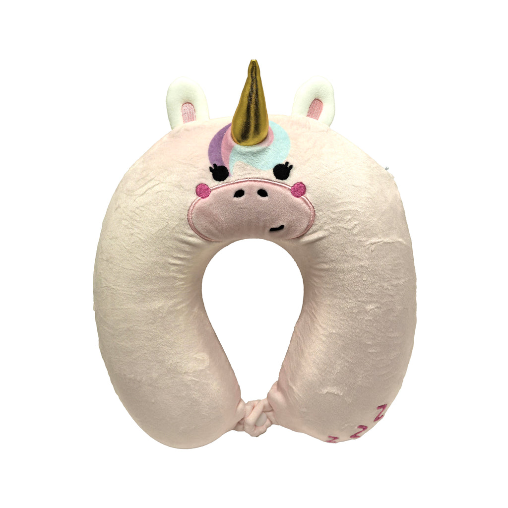 Front view of a plush, pale pink unicorn memory foam travel pillow with a golden horn, white and pink ears, embroidered black eyes, a pink nose, and a multicoloured mane, secured with a button at the base.