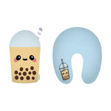 A 2-in-1 Foodiemals Boba bubble tea plush toy and its travel pillow form, presented side by side. The plush toy, shown from the front, is beige with a cute face, pink cheeks, brown tapioca pearls, and a purple-striped straw. The light blue U-shaped travel pillow has a small bubble tea illustration.