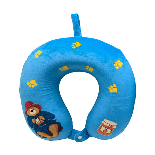 Front view of a blue plush memory foam travel pillow featuring Paddington Bear, a marmalade jar, and yellow paw prints.