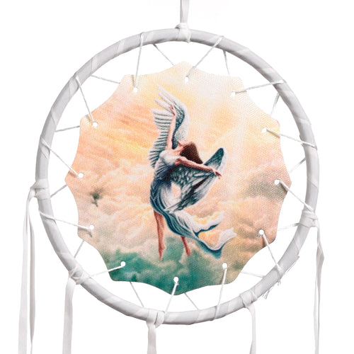 Small white dreamcatcher, featuring a central Natasha Faulkner angel design with outstretched wings and flowing blue fabric, against a colourful cloudy sky.